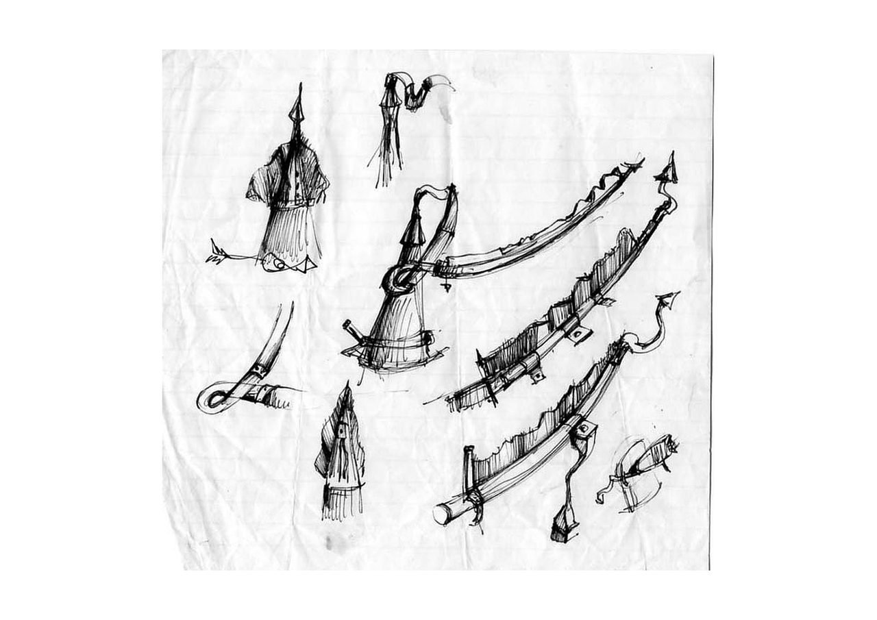 An untitled pen and ink sculpture study drawing showing rows of curved ribbed blades bundled together, shown from the side and from above, on a printed sheet, by David Hamilton