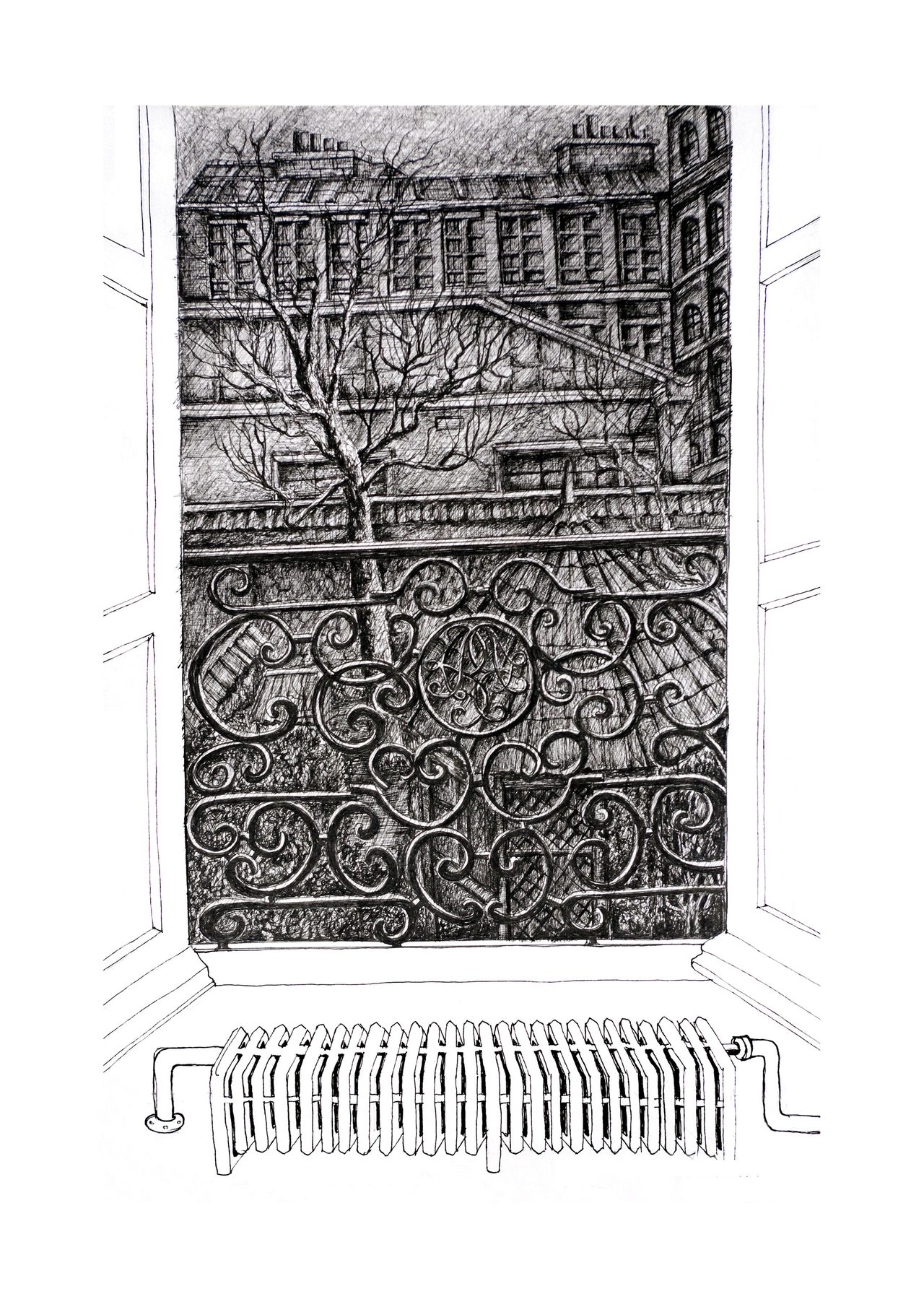 Stormy Night, a pen and ink drawing of a Paris apartment window with wrought-iron balcony railings and a bare tree, by David Hamilton