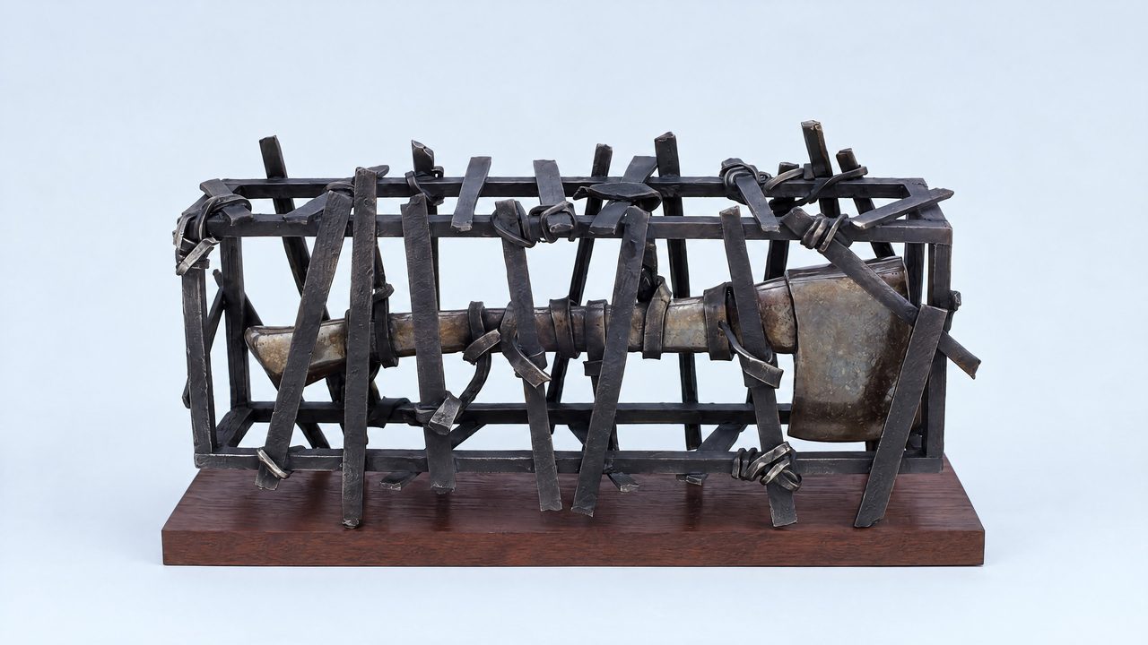 Wild Thing, a bronze axe with its head woven into a tight open basket cage, hung from a rectangular frame, by David Hamilton