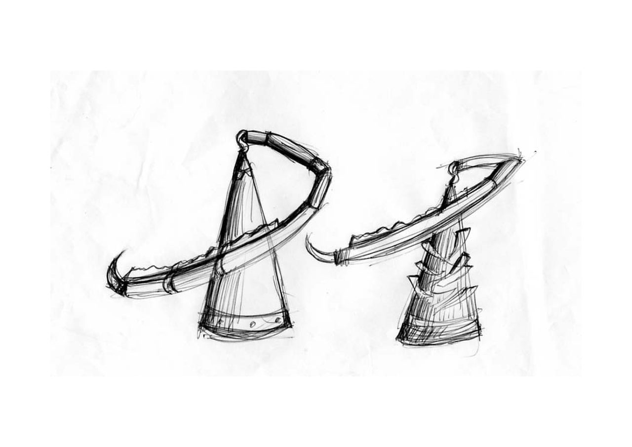 An untitled pen and ink sculpture study drawing showing loose scribbled zigzag and looping line studies for a wall sculpture, by David Hamilton