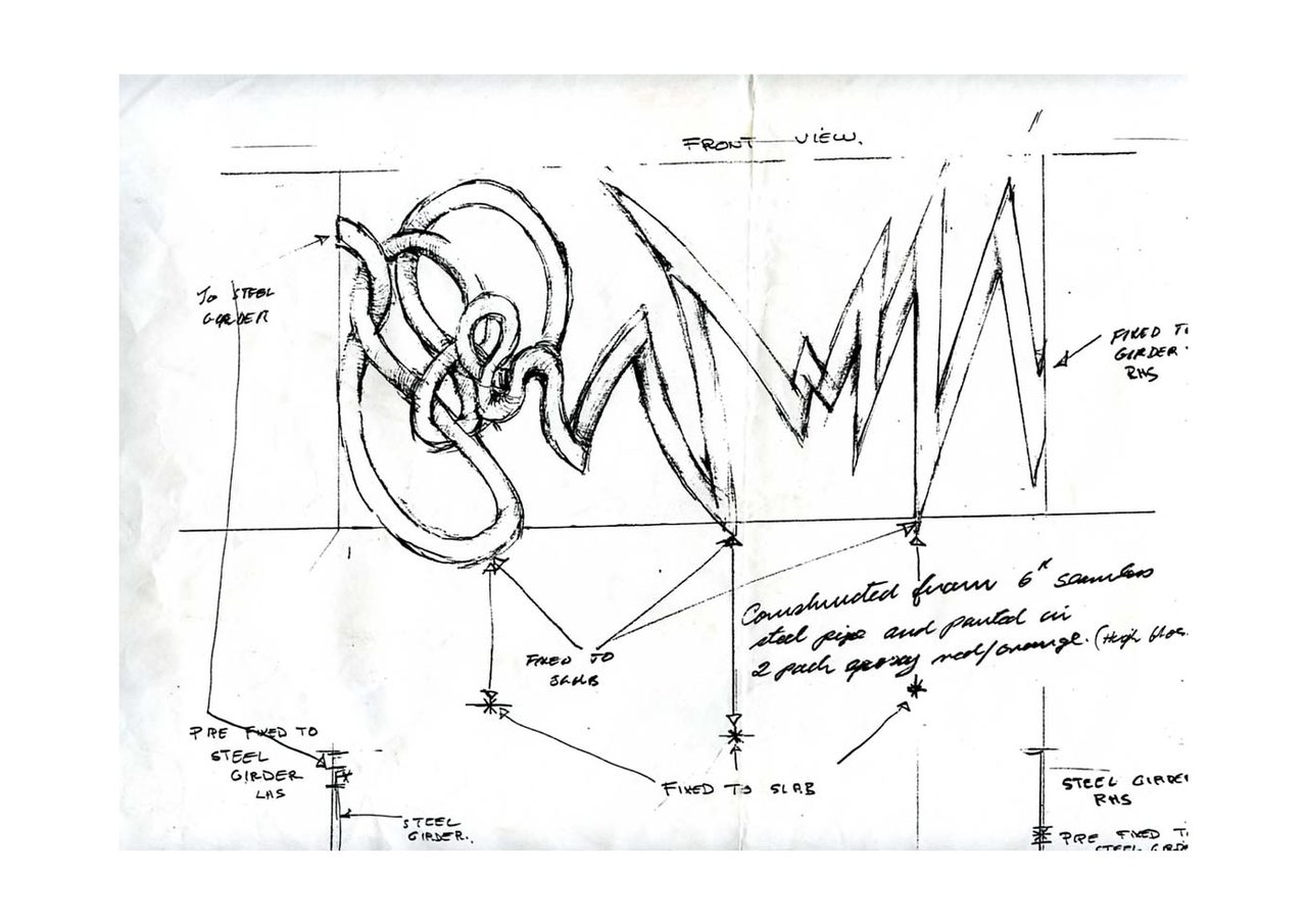 An untitled pen and ink sculpture study drawing showing a construction drawing of a looping, zigzagging wall sculpture with engineering notes for steel pipe and fixings, by David Hamilton