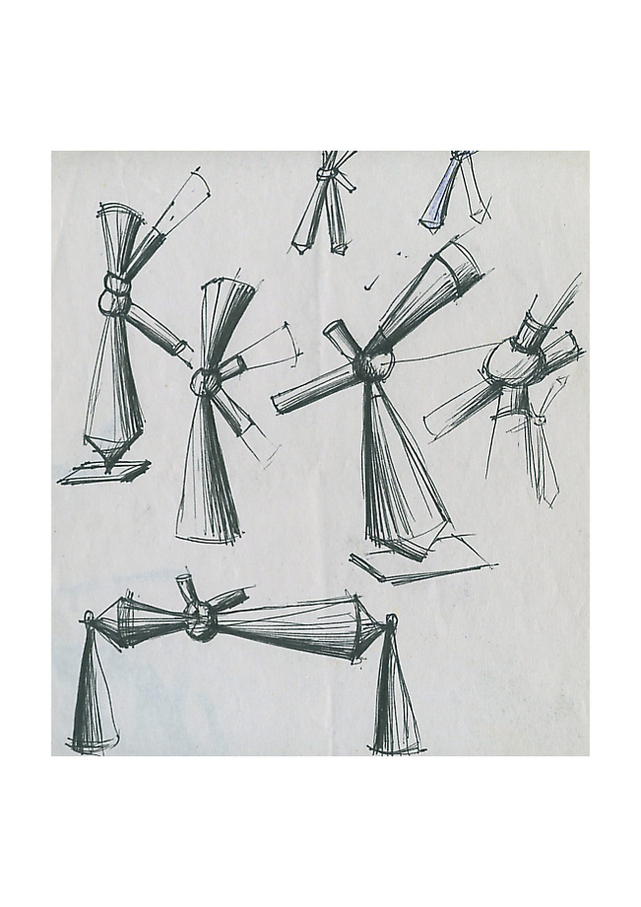 An untitled pen and ink sculpture study drawing showing a row of windmill-like cone-and-crossbar sculpture studies mounted on stands, by David Hamilton