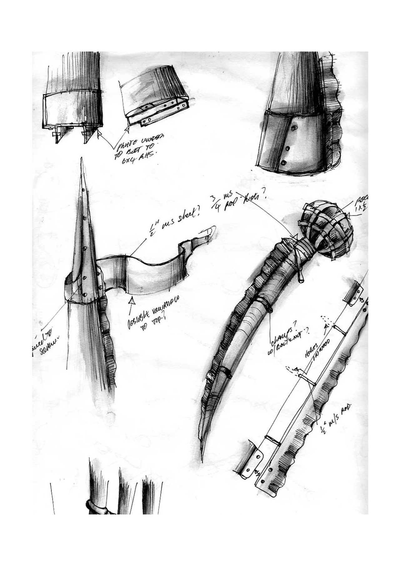 An untitled pen and ink sculpture study drawing showing rows of curved tapered blades bundled together, shown from the side and from above, by David Hamilton