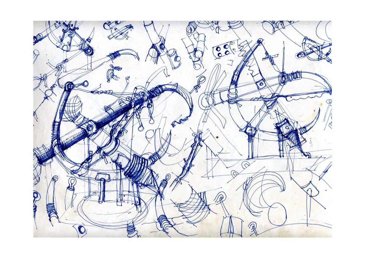 An untitled pen and ink sculpture study drawing showing a ribbed cone rising into a coiled loop, a curled tentacle-like horn, and a fringed sail-like hull shape, by David Hamilton