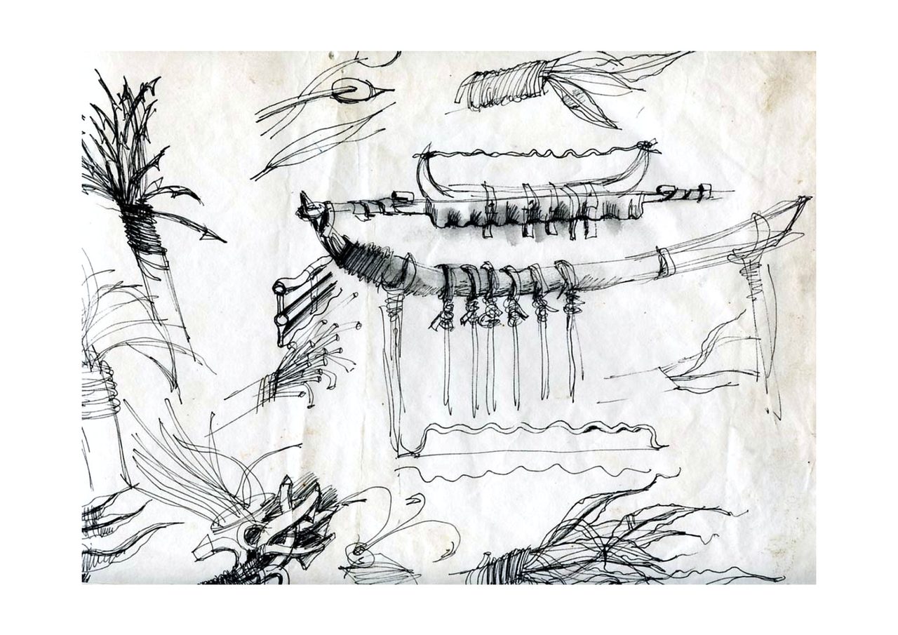 An untitled pen and ink sculpture study drawing showing a fringed boat hull strung with hanging plant-like tendrils and dangling pods, by David Hamilton