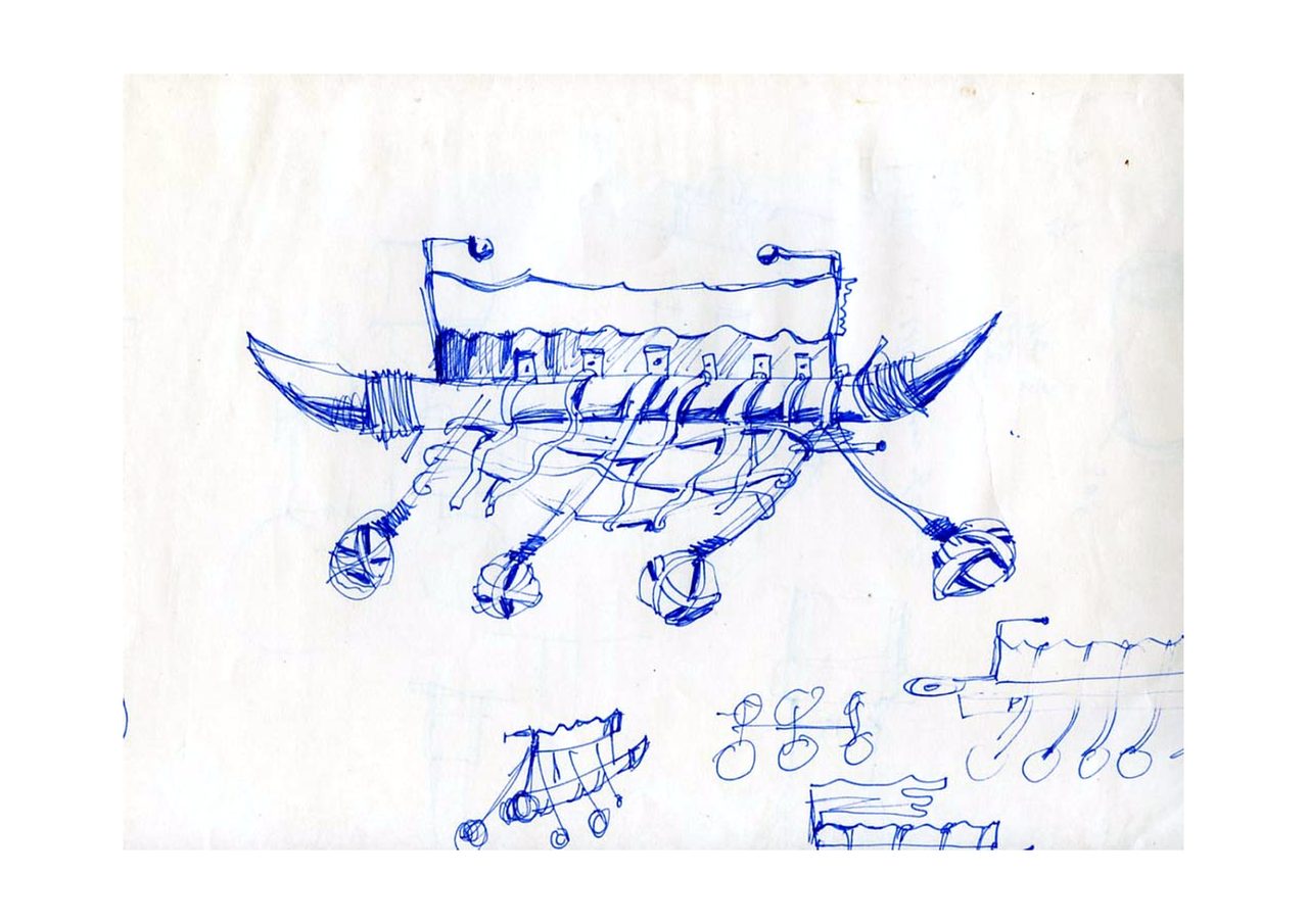 An untitled pen and ink sculpture study drawing showing a boat hull strung with small round hanging pods and dangling limbs, by David Hamilton