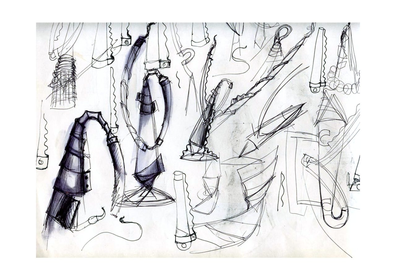 An untitled pen and ink sculpture study drawing showing close studies of ribbed cone and coil forms mounted on stands, with bolted joins, by David Hamilton