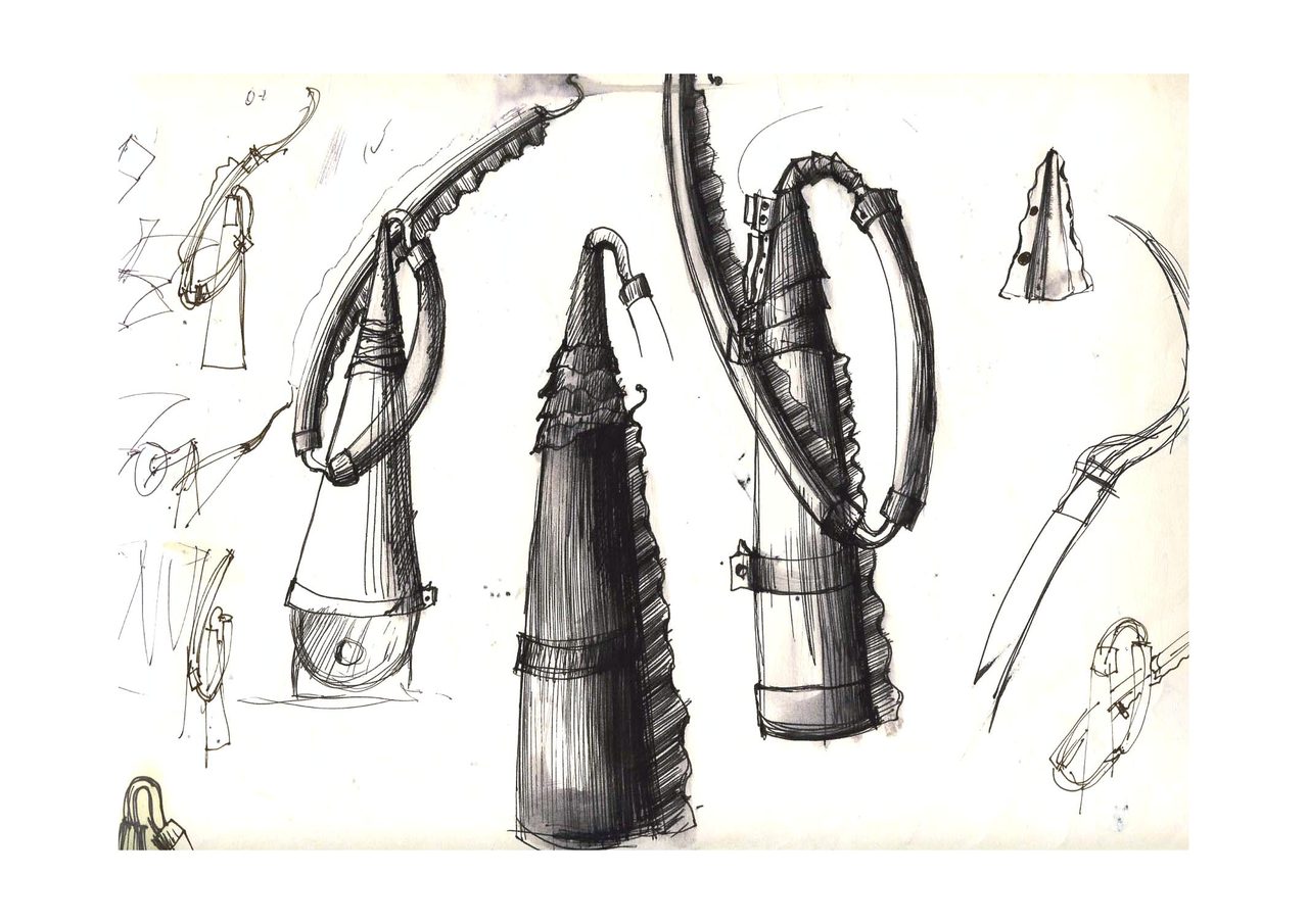 An untitled pen and ink sculpture study drawing showing close studies of a ribbed cone form with bolted joins and construction notes for a curved ribbed blade, by David Hamilton