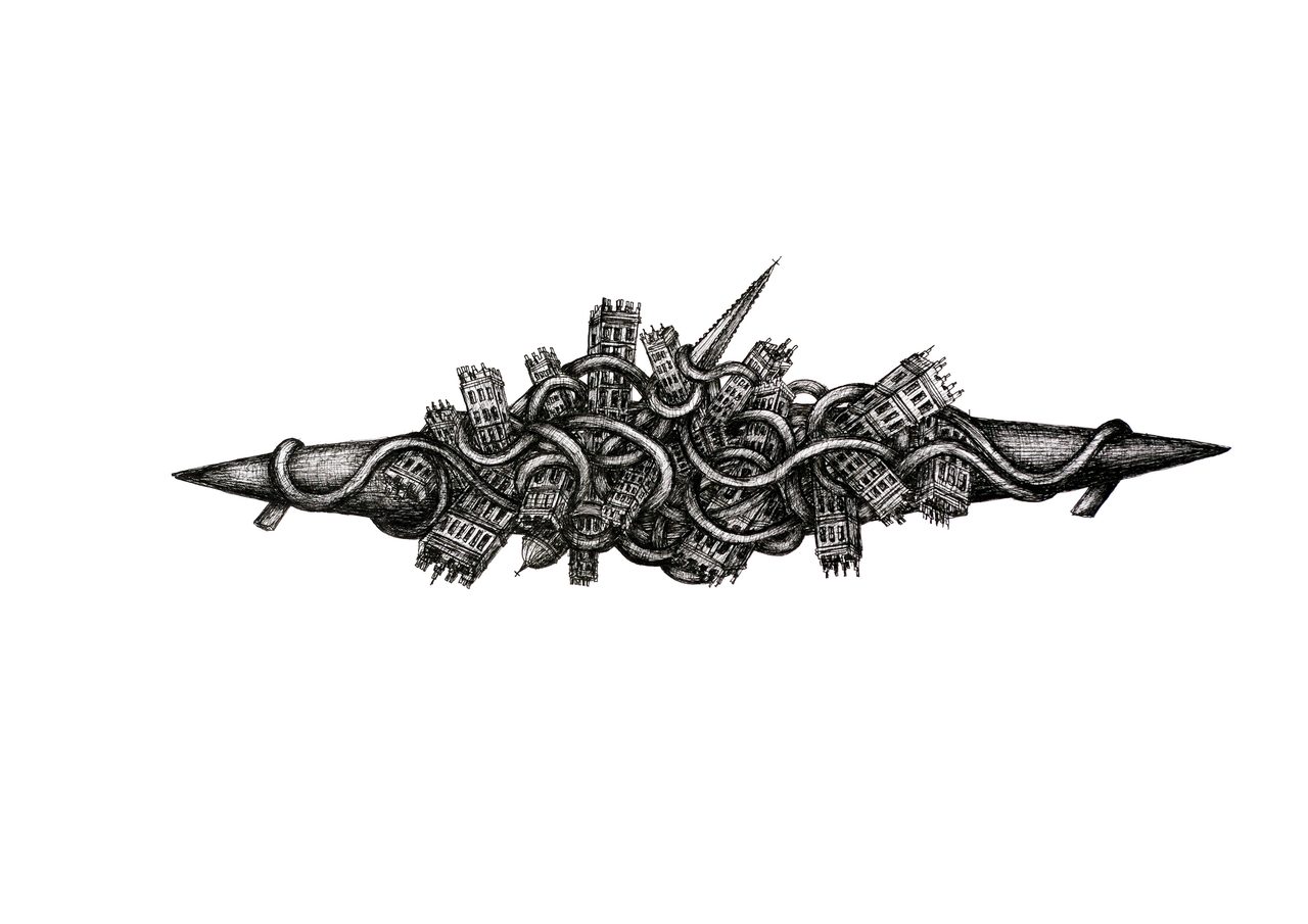 Walking the Marais, a pen and ink drawing of a knotted, rope-like tangle studded with small buildings and topped by a spire, by David Hamilton