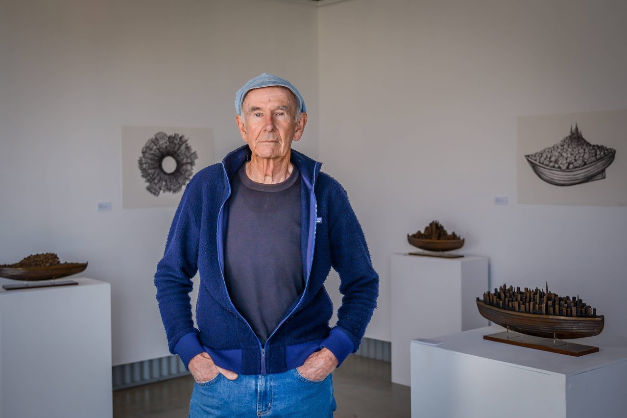 Sculptor David Hamilton with his exhibition, Place in Time at Blenheim Gallery, Longford.