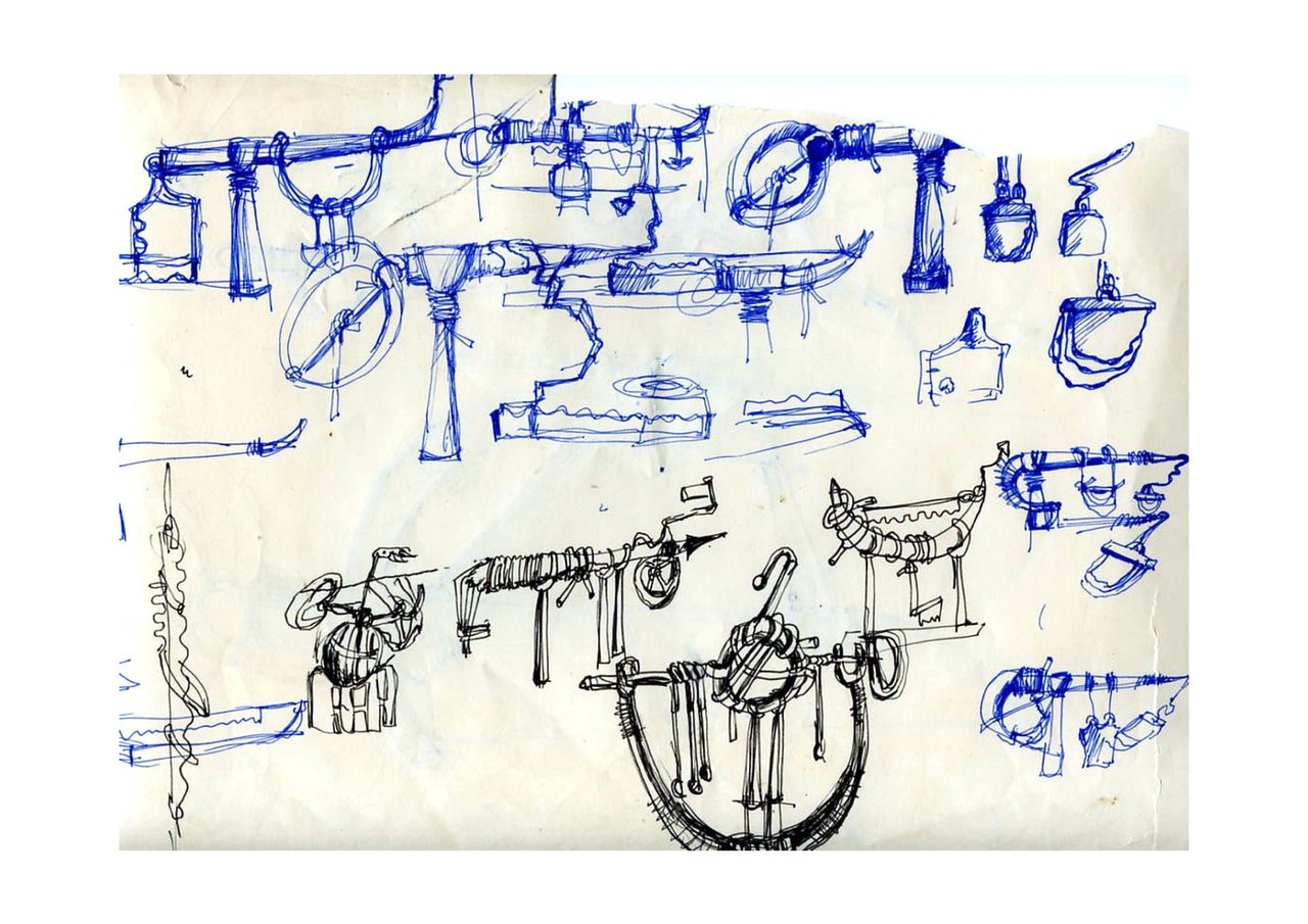 An untitled pen and ink sculpture study drawing showing a dense tangle of pipe and cone sculpture studies with wheeled bases and hanging pods, by David Hamilton
