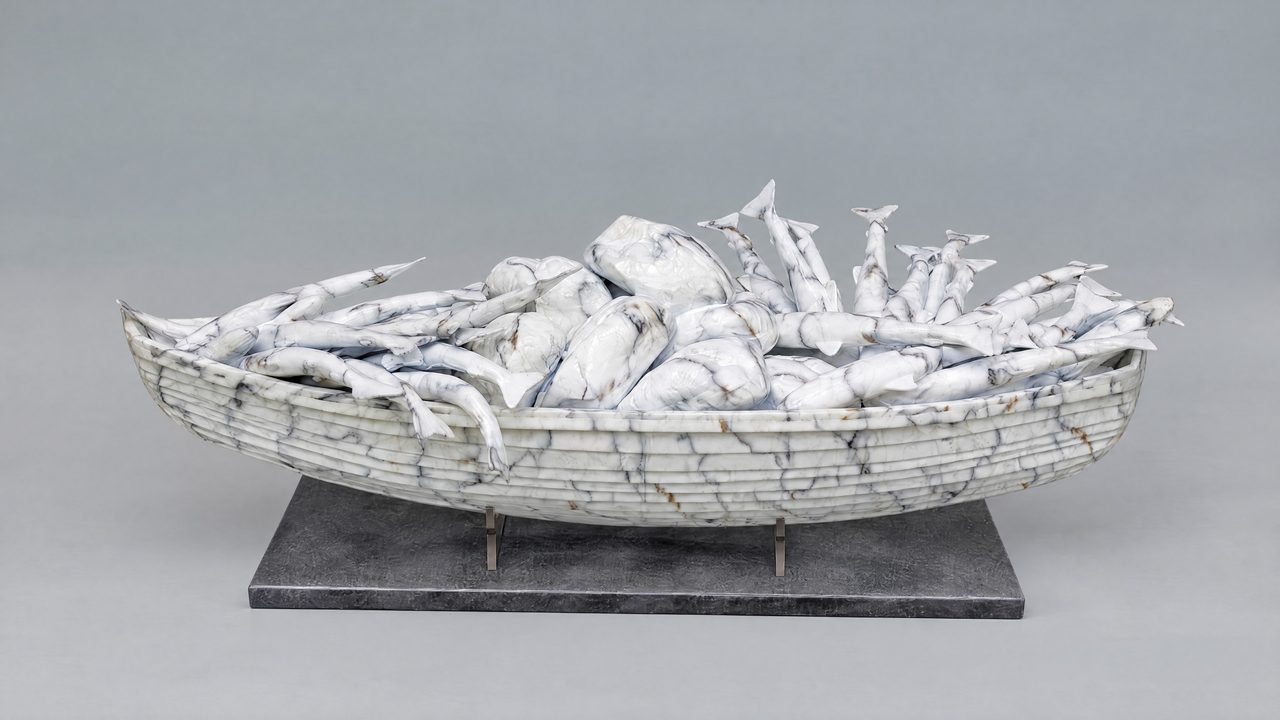 Fishes and Loaves Set in Stone, a white marbled boat sculpture heaped with cast fish and loaves, by David Hamilton