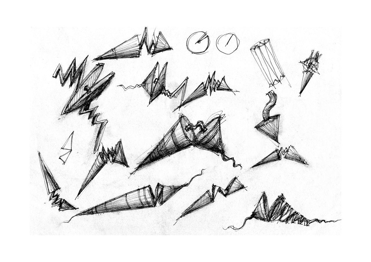 An untitled pen and ink sculpture study drawing showing clusters of jagged cone forms with zigzag edges, drawn with two small circular studies at the top, by David Hamilton