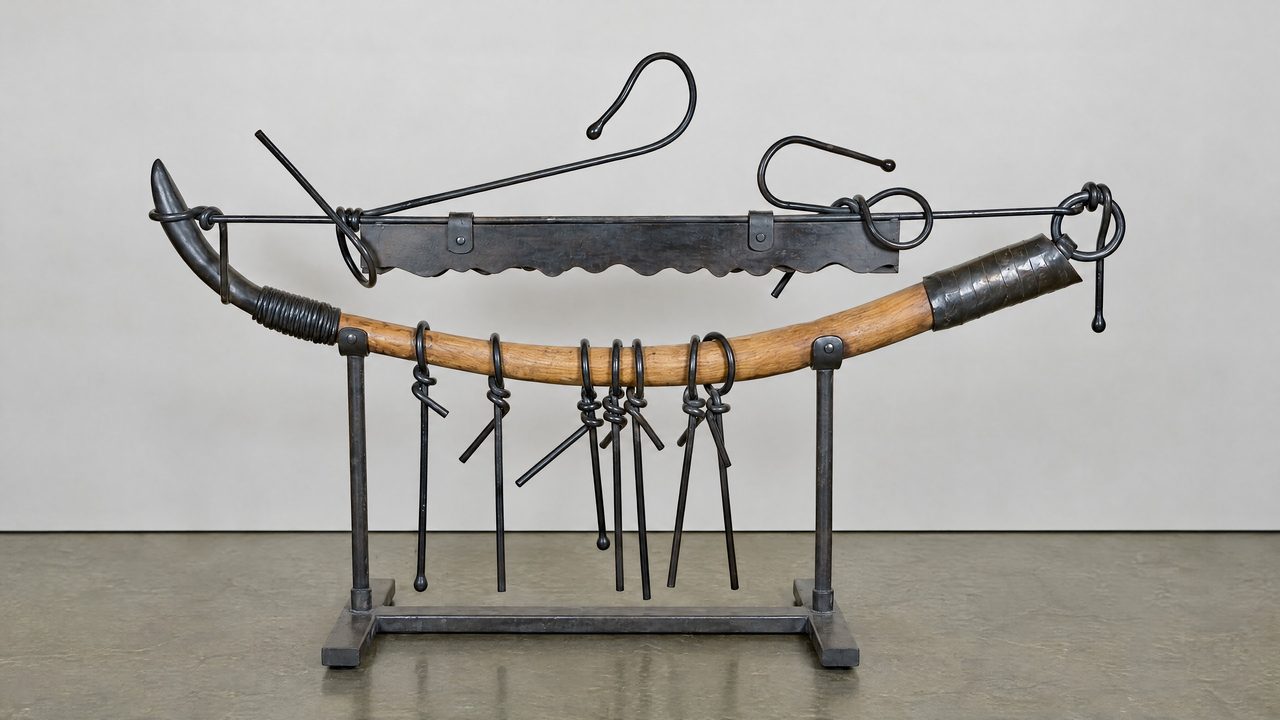 Deathship, a scalloped black steel blade above a wooden beam banded in steel, hung with dangling wire hooks and cords, by David Hamilton