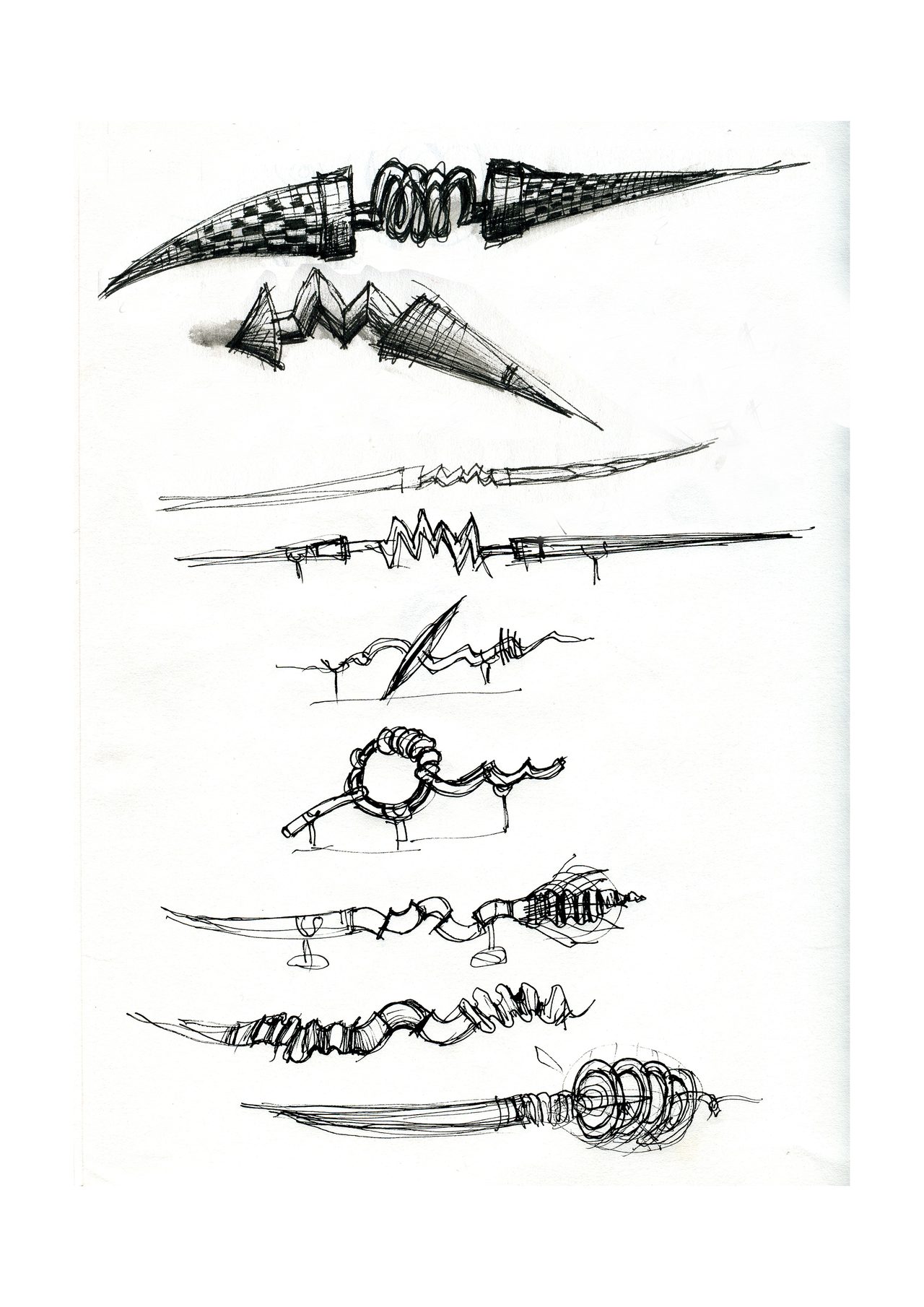 An untitled pen and ink sculpture study drawing showing a checkered cone form linked to a coiled spring, above rows of small zigzag line studies, by David Hamilton