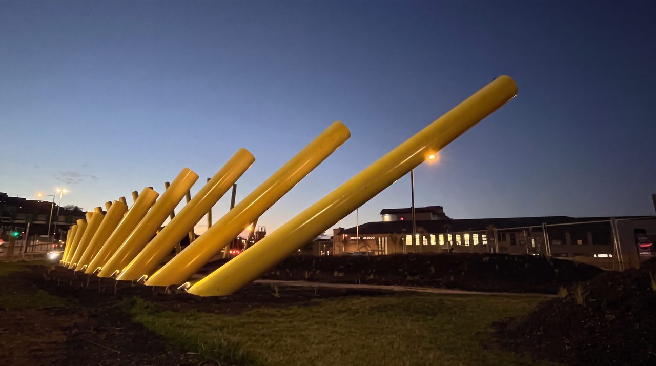 Welcome Gesture at night: yellow poles leaning across a dark blue sky, Burnie
