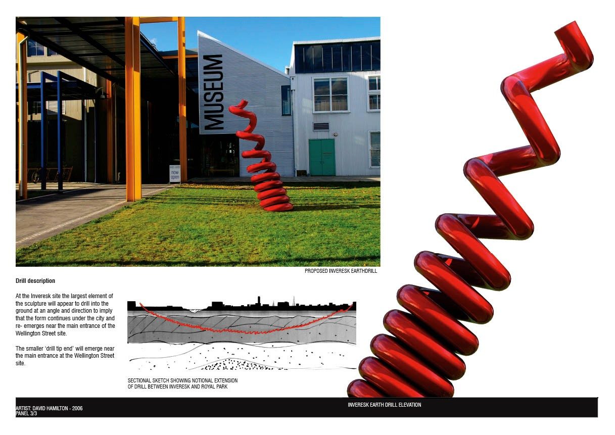 Earth Drill, a proposal panel showing a red spiral steel sculpture outside the QVMAG museum entrance, with a diagram of it linking underground to a second site, by David Hamilton