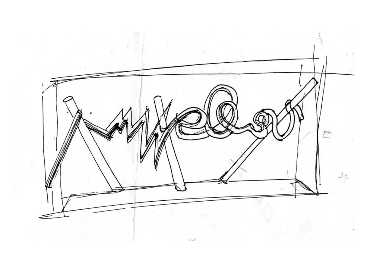 An untitled pen and ink sculpture study drawing showing a single row of scribbled zigzag and looping line studies for a wall sculpture, by David Hamilton