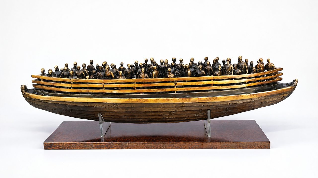 Refuge-e, a silicon bronze boat densely packed with tiny standing bronze figures, by David Hamilton
