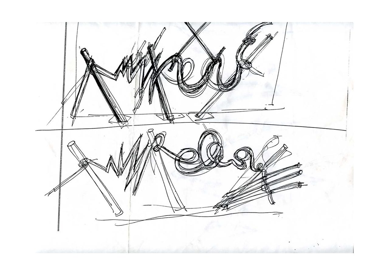 An untitled pen and ink sculpture study drawing showing loose scribbled zigzag and looping line studies drawn twice on a folded page, mirrored top and bottom, by David Hamilton