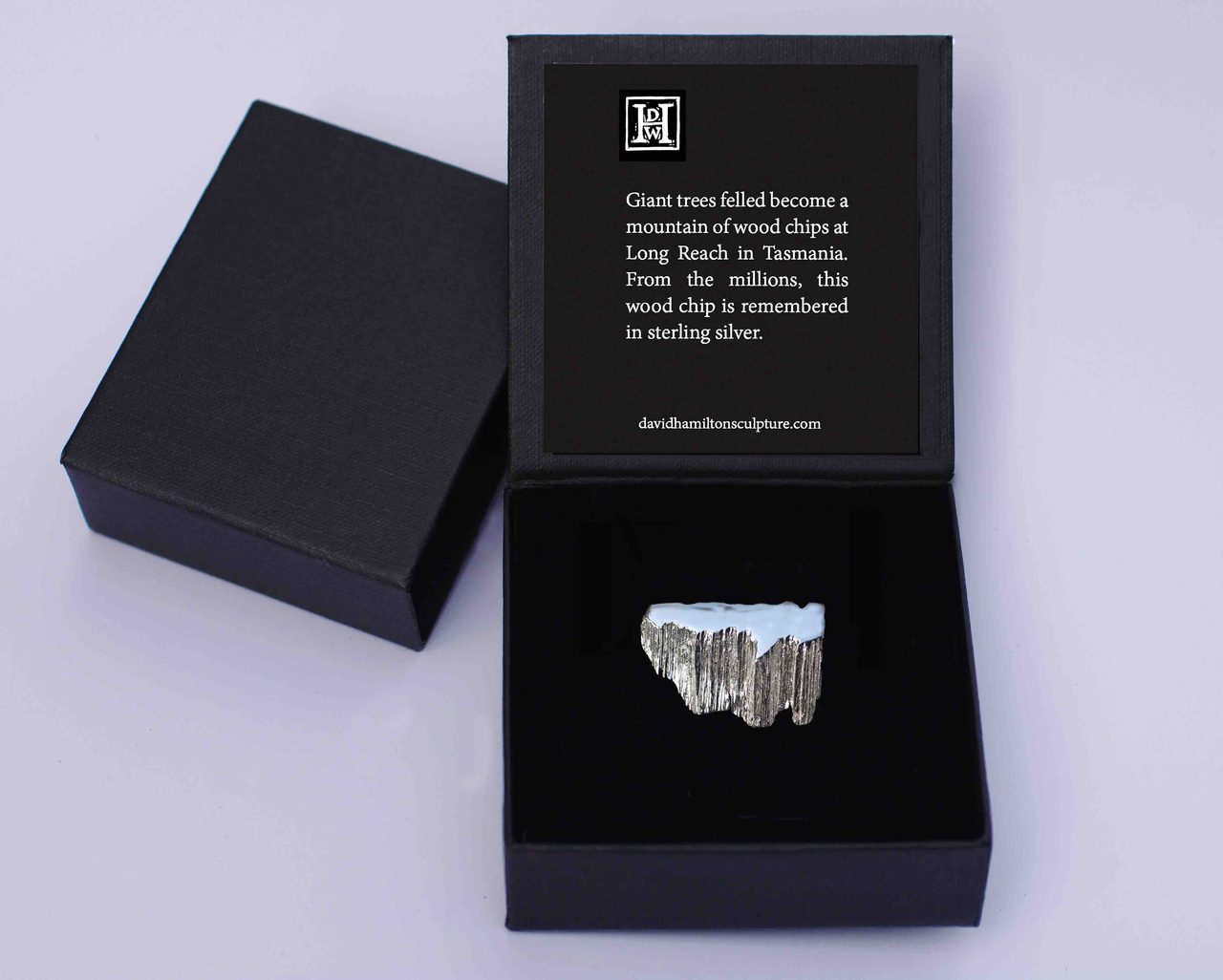 Brooch Box, an open black gift box holding a small silver woodchip-shaped brooch, with a card reading Giant trees felled become a mountain of wood chips, by David Hamilton