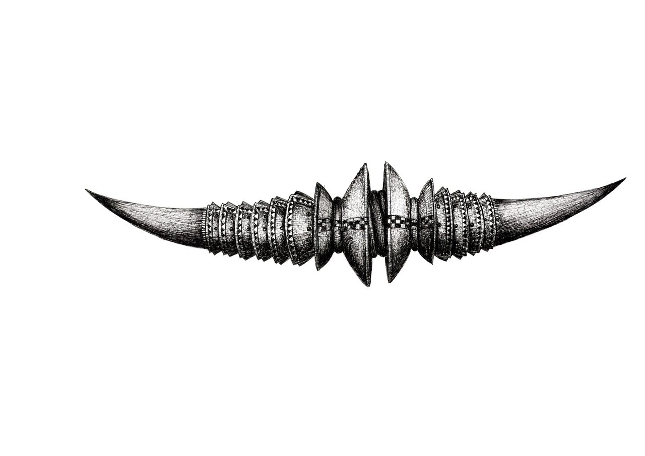 Armour Reimagined, a pen and ink drawing of a horn-shaped form with layered shield discs at its centre, by David Hamilton