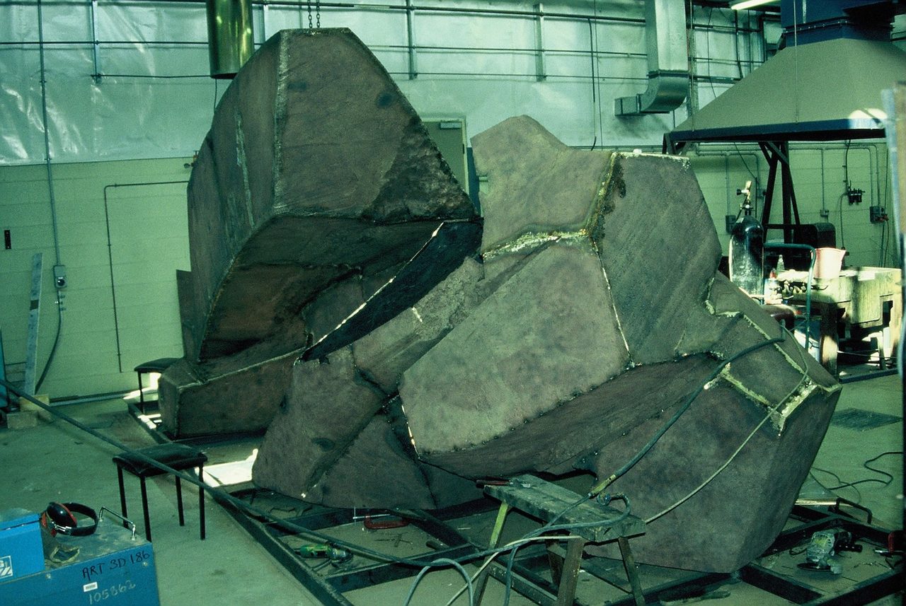 The cast bronze sections of Overcoming Adversities assembled in the Pilot Art Foundry workshop