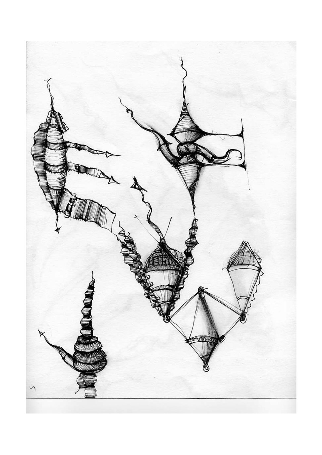 An untitled pen and ink sculpture study drawing showing a ribbed, fringed conical form with a curling tail beside a similar form with a long straight tail, by David Hamilton