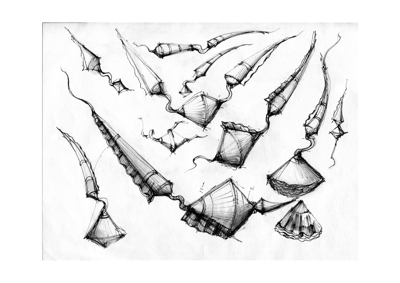 An untitled pen and ink sculpture study drawing showing a boat-shaped hull with a row of small hanging figures strung along its underside, wheeled at the corners, by David Hamilton