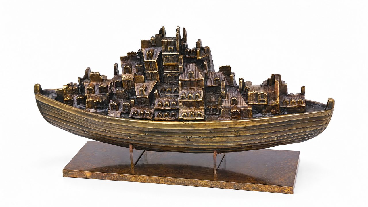 Crowded House, a silicon bronze boat crowded with small stacked bronze buildings, by David Hamilton