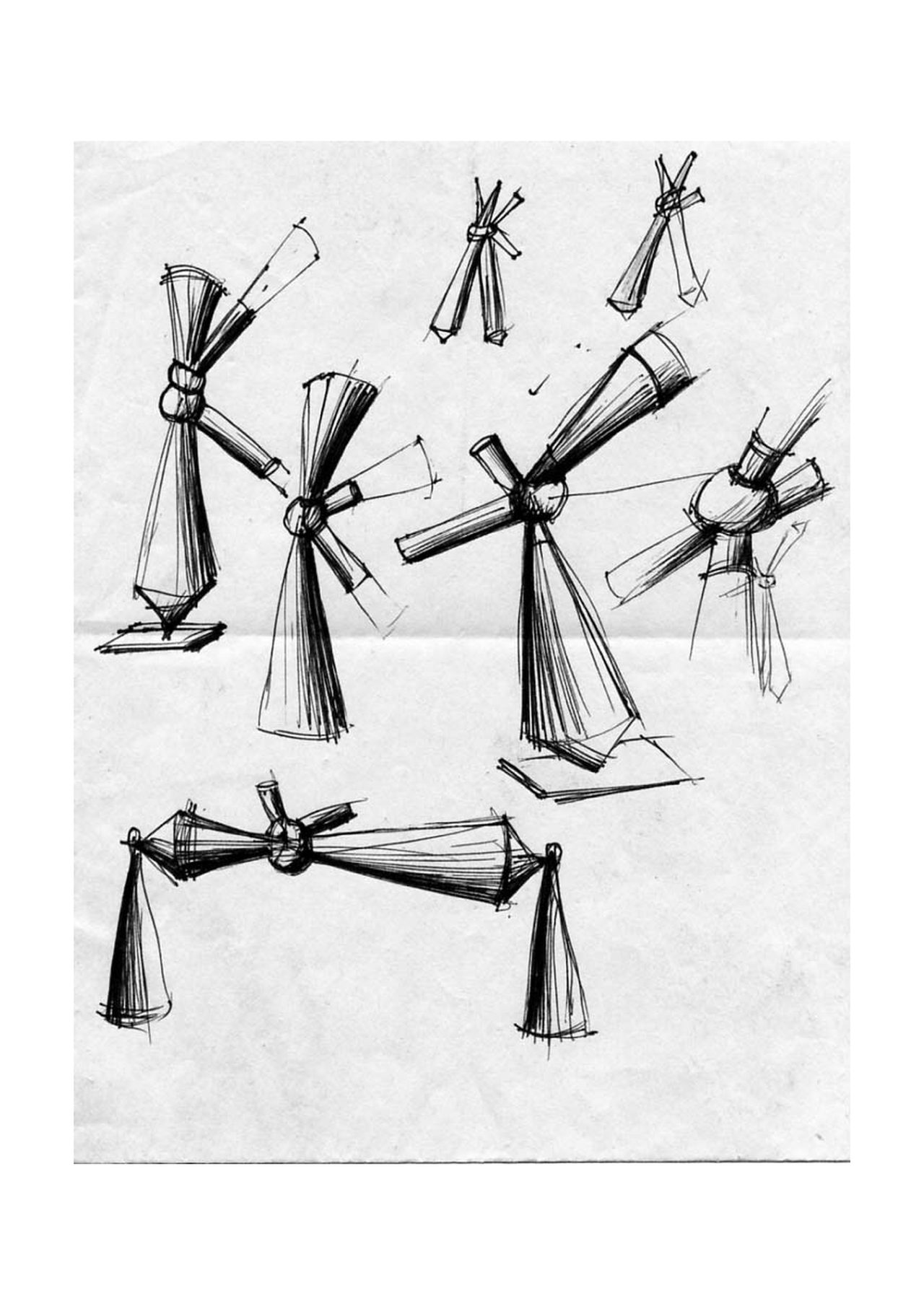 An untitled pen and ink sculpture study drawing showing a fan of windmill-like cone-and-crossbar studies, drawn over a printed staff meeting agenda sheet, by David Hamilton