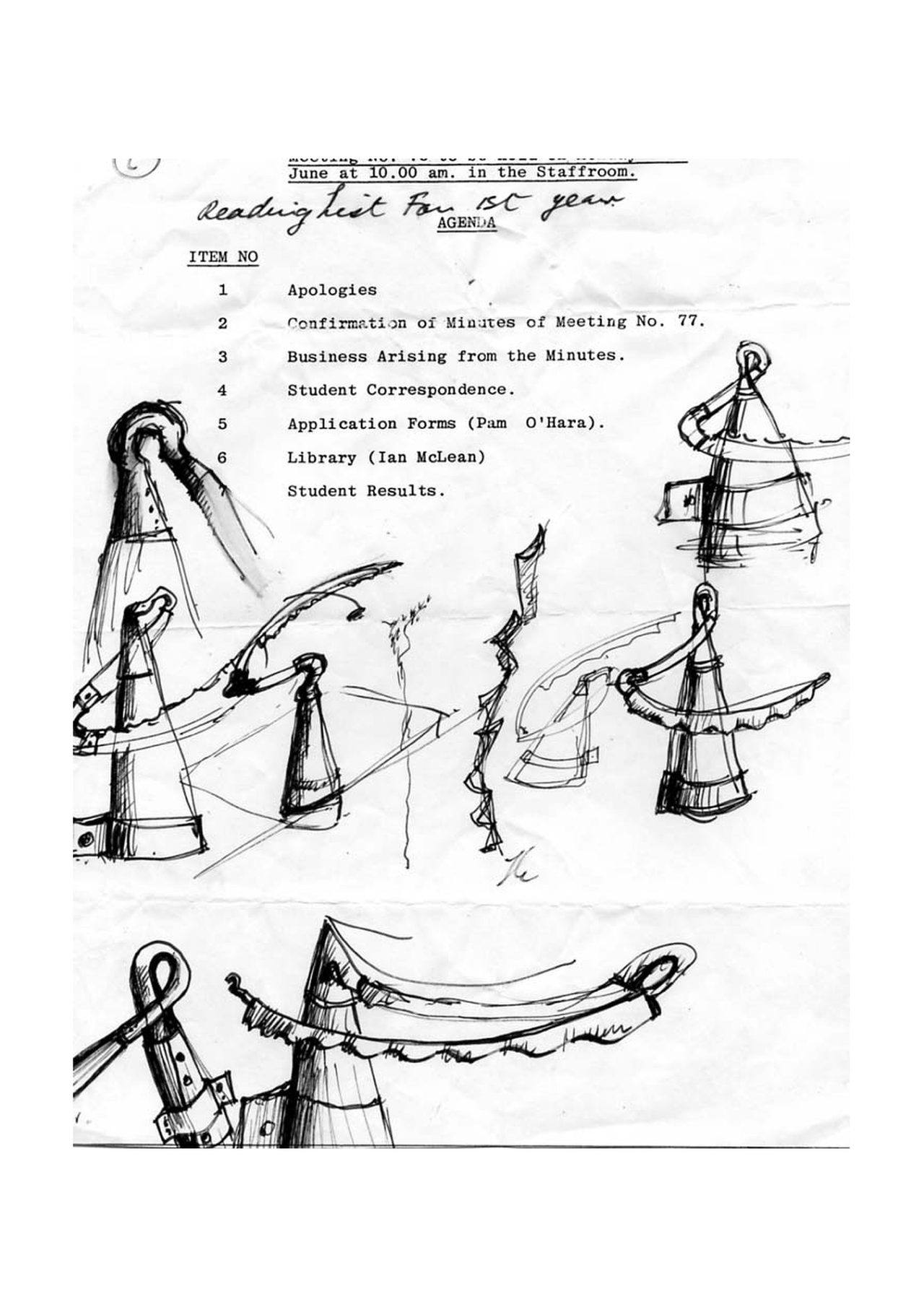 An untitled pen and ink sculpture study drawing showing small cone-and-crossbar sculpture studies drawn over a printed seminar agenda sheet, by David Hamilton