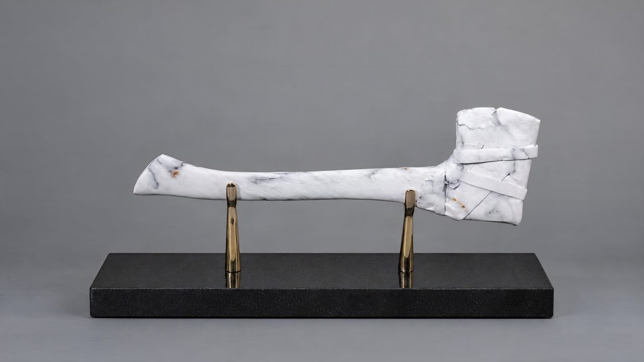 Wrapped Axe, a white marbled axe with a criss-cross banded head, raised on two gold stands, by David Hamilton