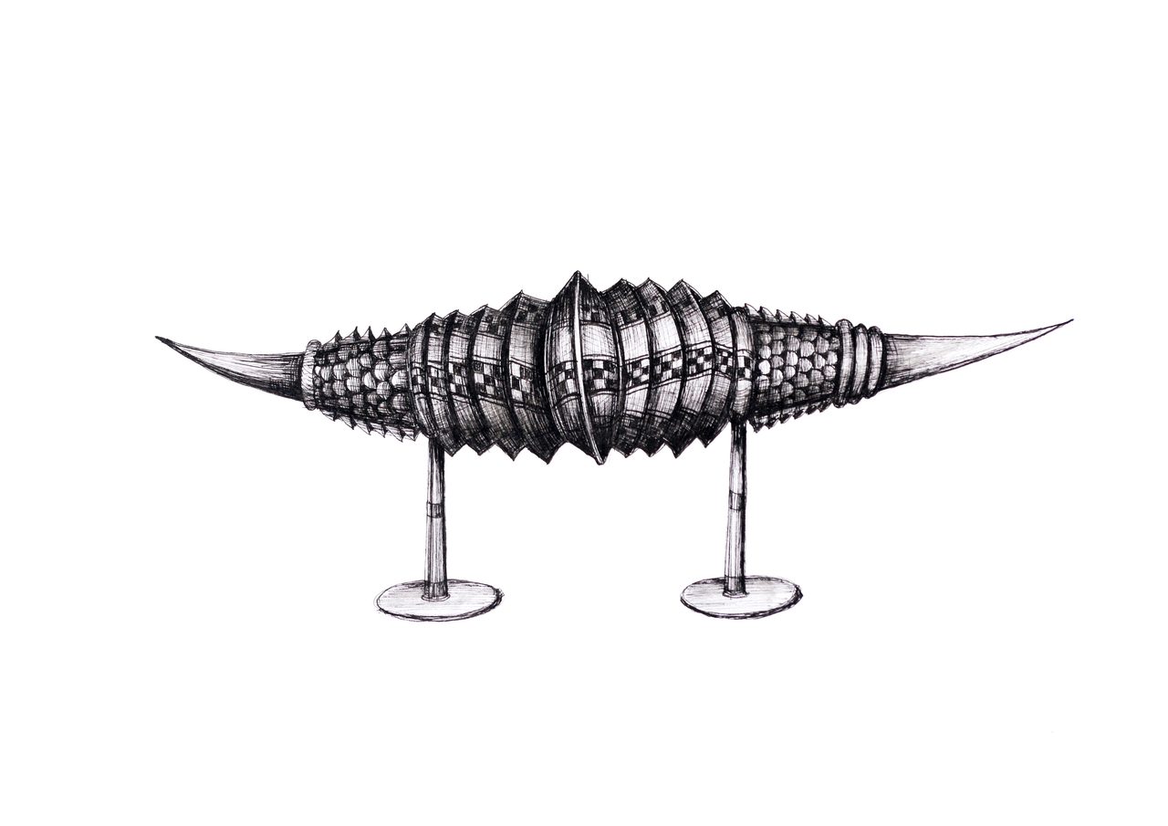 Medieval Armour, a pen and ink drawing of a spiked, ribbed horn-shaped form on two stands, by David Hamilton