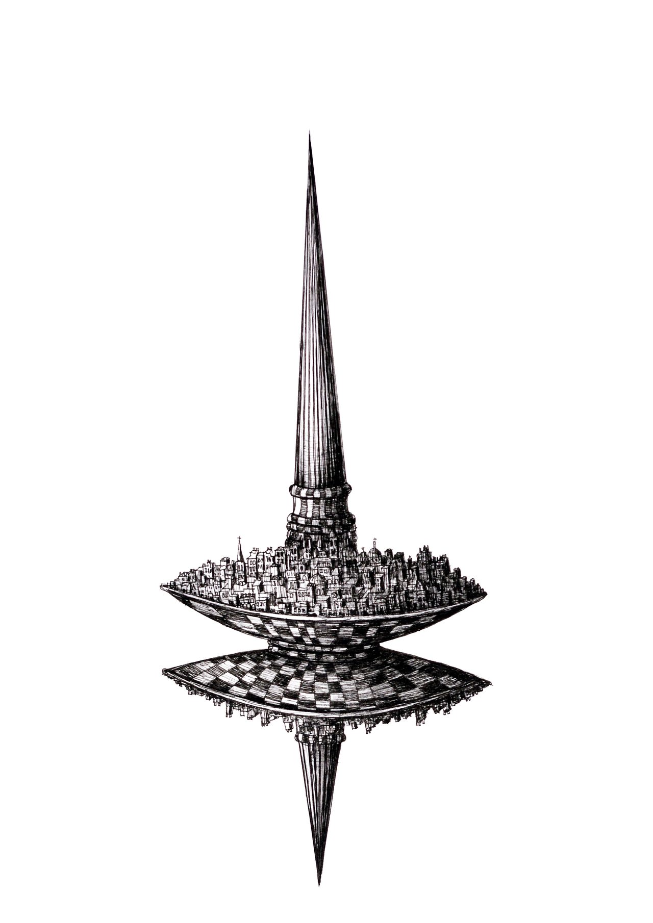 City Landscape 2, a pen and ink drawing of a spinning-top form with a spire above and a mirrored cityscape reflected below, by David Hamilton