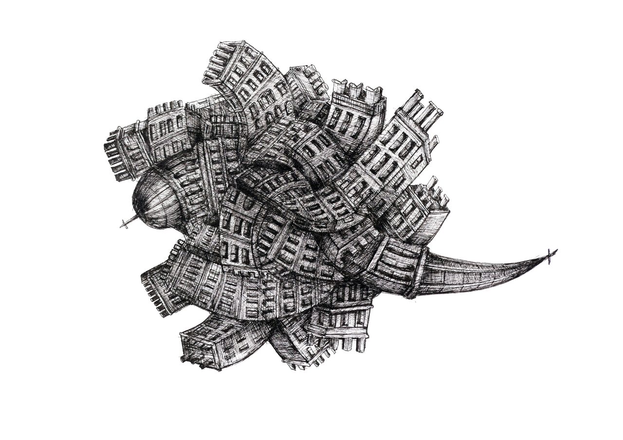 Close Knit, a pen and ink drawing of tightly knotted buildings and rooftops bunched into a dense, curling mass, by David Hamilton